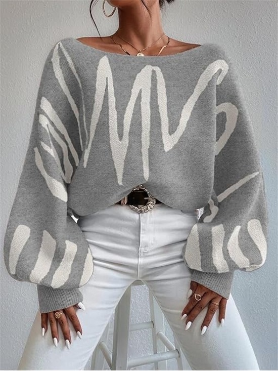Nama Sweaters - Off-the-Shoulder Gray Graphic Balloon Sleeve Sweater